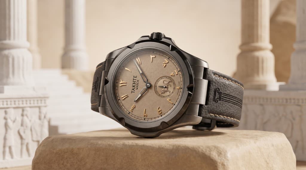 Takhte-Watch resting on stone before ancient Persian palace columns