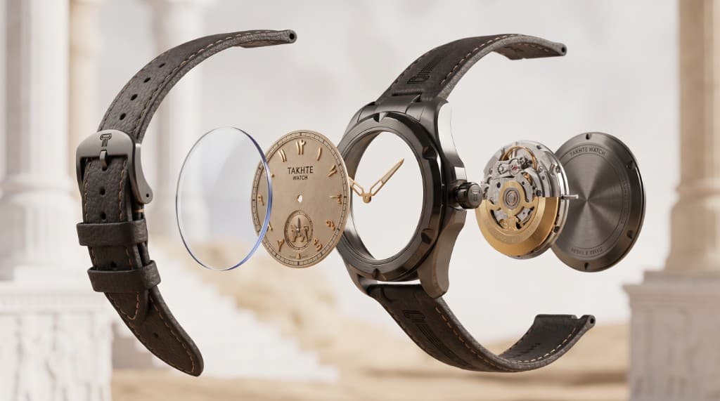 Exploded view revealing Takhte-Watch movement, dial, case, and leather strap
